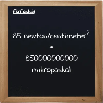 Cara konversi newton/centimeter<sup>2</sup> ke mikropaskal (N/cm<sup>2</sup> ke µPa): 85 newton/centimeter<sup>2</sup> (N/cm<sup>2</sup>) setara dengan 85 dikalikan dengan 10000000000 mikropaskal (µPa)
